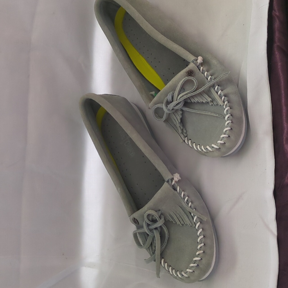Minnetonka light blue suede moccasins size 9.5